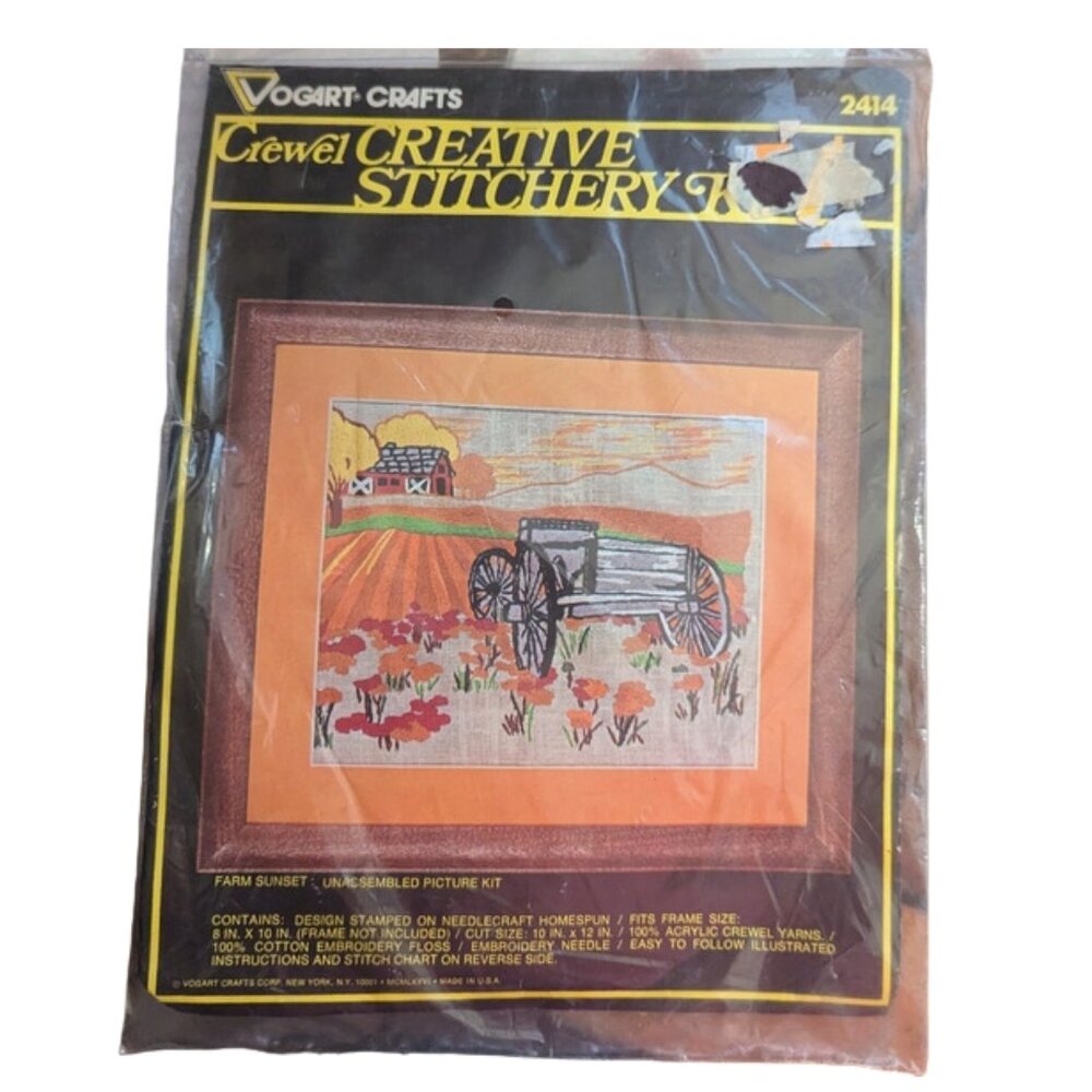 Vogart Crafts Crewel Creative Stitchery Needlepoint Kit - Farm Sunset #2414 VTG